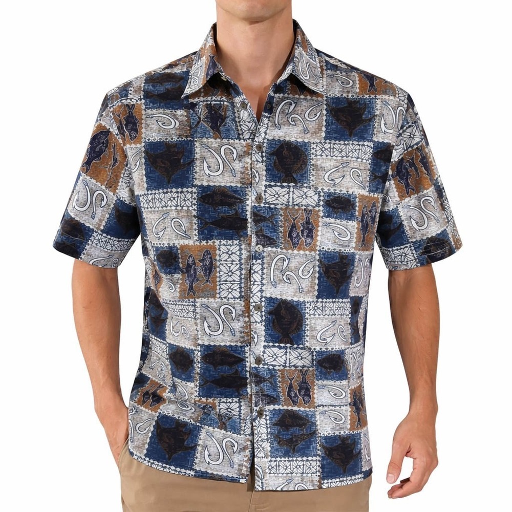 Howie Hawaiian Aloha Shirt Large Nautical Fish Fishing Hooks Floral Blue Brown